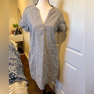 FIG Linen Blend Shift Dress Taupe Grey Roll Tab Sleeve Size M